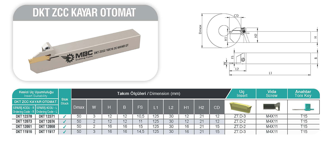 MBC DKT ZCC Kayar Otomat Kanal Kateri - Precision Swiss CNC Kesme ve Kanal Takımı (L: Sol / Left)